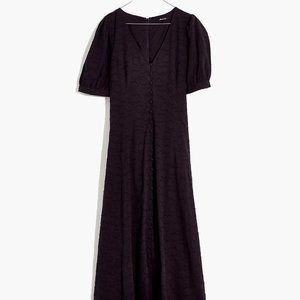 Floral jacquard puff sleeve button front midi dress